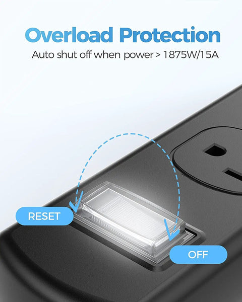 Weatherproof Outdoor Power Strip Workhorse With IPX6 Waterproof Rating Three Wide Outlets Anti Electric Shock Surge Protector Nine Foot Heavy Duty Outdoor Extension Cord For Patio And Garden Black with overload protection buttons.