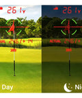 Day and night view through TL1 Golf Rangefinder With Slope And Magnet And Dual Color OLED For Low Light Play Auto Slope On Off