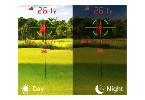 Day and night view through TL1 Golf Rangefinder With Slope And Magnet And Dual Color OLED For Low Light Play Auto Slope On Off