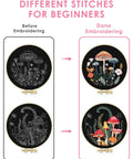 Two Pack Embroidery Kit For Grownups Beginner Friendly With Mushroom Pattern Hoops Tools Colorful Threads Needles And Step By Step Instructions DIY Starter Set showing before and after stitching results.