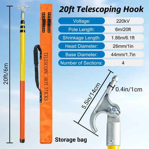 Telescoping High Voltage Rescue Pole 20 Ft Insulated Hot Stick For 220kV Rescue, FRP construction, with storage bag