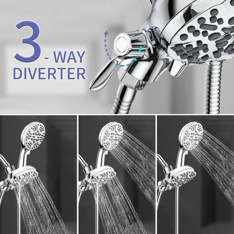 63 Setting Dual Shower Head And Handheld Sprayer 2 In 1 High Pressure Rain Shower Kit With 7 Functions Chrome Finish 3 Way Diverter
