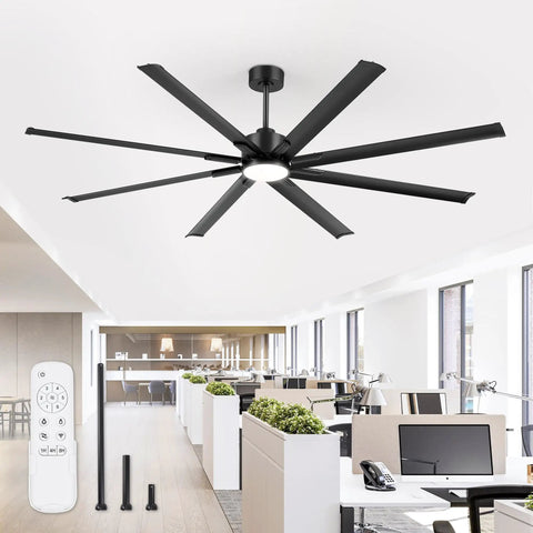 84 Inch Industrial Ceiling Fan With Lights installed in modern office, featuring large black design, 8 aluminum blades, remote control