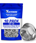 Heavy Duty Serrated Flange Nuts 1/2 Inch 20 Tpi 10 Pack Stainless Steel 18 8 Hex Lock Hardware Nuts in packaging with one nut visible.