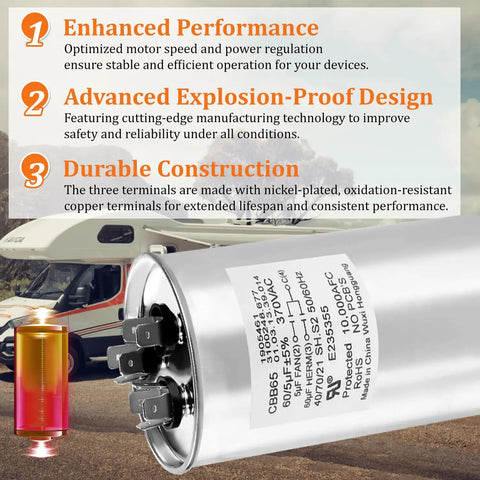 Heavy Duty RV Air Conditioner Capacitor 60 5 MFD Replacement with performance benefits and design details, image of capacitor in RV setting