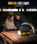 Dual Battery Pure Sine Wave Power Inverter For 20V Dewalt Batteries on a table during camping at night with 600 Lumen LED light