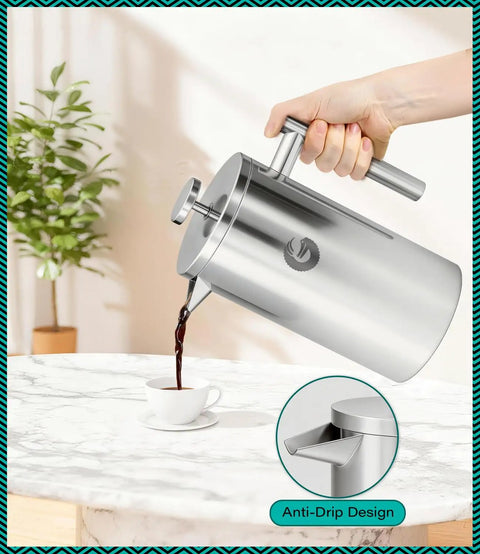 Premium French Press Coffee Maker With Built In Measurement Marks For Smooth Daily Brews Made From Safe Non Toxic Materials In Sleek Silver pouring coffee.
