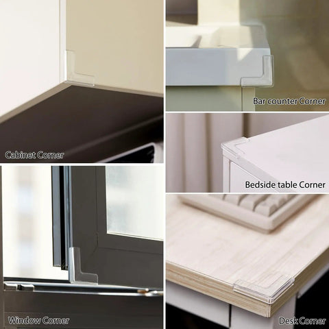 Tough As Nails L Shaped Corner Protectors Shielding Sharp Furniture Edges With Heavy Duty Self Sticking Tape For Kid Proof Home Safety And Baby Guard Covers on various furniture edges.