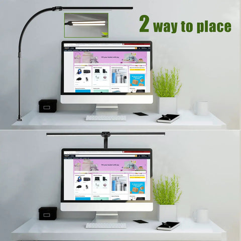 Double Head LED Desk Lamp With 24W Power, Big Reach Adjustable Arm Extends To 31.5 Inches, shown in two placement options on desk