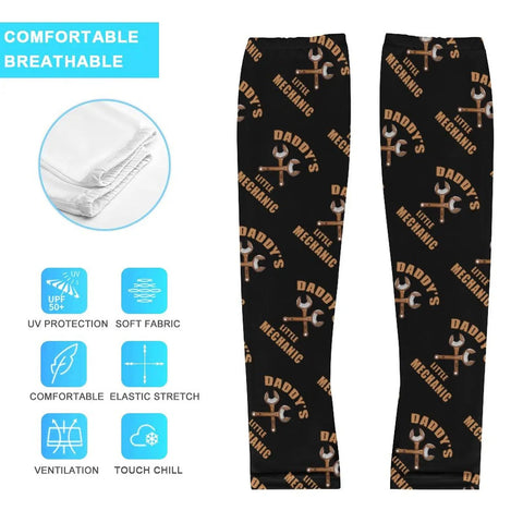 Top Tier Cooling Arm Sleeves In Breezy Ice Silk For Men And Women Featuring Secure Anti Slip Thumb Loops To Keep Your Gear Locked, black with wrench design.