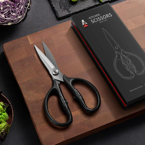 8.4 Inch Titanium Plated Heavy Duty Kitchen Scissors With Detachable Blades Rust Resistant 5Cr15MoV Stainless Steel 57HRC Hardness Cut Like A Boss Through Poultry Meat Seafood And Veggies, shown on cutting board