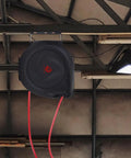 Heavy-Duty Retractable Air Hose Reel 50Ft 3/8 Inch Polymer Line Solid Brass Fittings mounted in garage with red air hose.