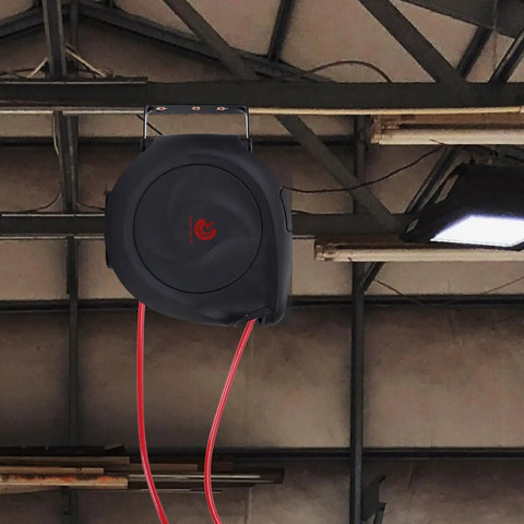 Heavy-Duty Retractable Air Hose Reel 50Ft 3/8 Inch Polymer Line Solid Brass Fittings mounted in garage with red air hose.