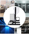 Open Air PC Case Frame For DIY Builds, Vertical Test Bench Chassis Rack For ITX ATX MATX Motherboards, space-saving design shown in office and server room environments.