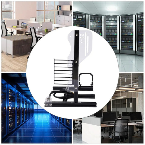 Open Air PC Case Frame For DIY Builds, Vertical Test Bench Chassis Rack For ITX ATX MATX Motherboards, space-saving design shown in office and server room environments.