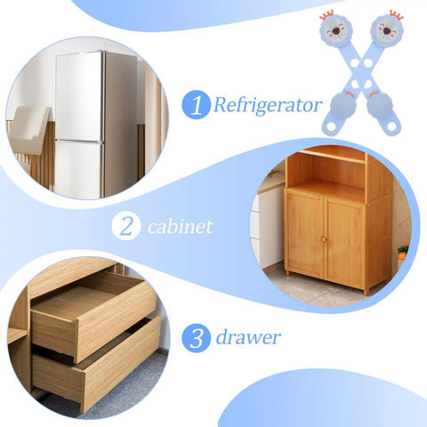 Three Piece Safety Cabinet Locks For Drawers And Doors With ABS And PE Material in use on fridge, cabinet, and drawer