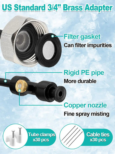 Effortless Chicken Coop Misting System For Cooling With Leak Resistant Hose Kit and 3/4 inch brass adapter details