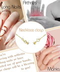 Magnetic Necklace Clasps Set For Easy No Fuss Closures And Arthritis Friendly Wear, 12 Pack with jewelry and hands showing conditions.