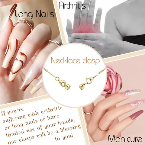 Magnetic Necklace Clasps Set For Easy No Fuss Closures And Arthritis Friendly Wear, 12 Pack with jewelry and hands showing conditions.
