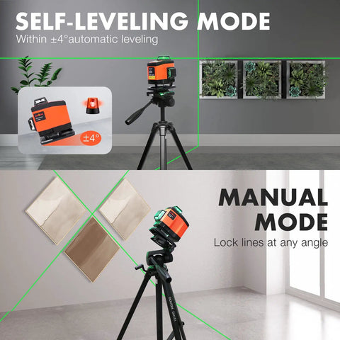 4x360 Degree Laser Level with self leveling and 16 line green beam for floor tiling and ceiling, shown on tripod with magnetic bracket included.