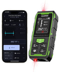Heavy Duty Dual Laser Distance Meter Serving Up A Solid 395 Foot Range With Slick Phone App Sync And Quick USB C Charge For Contractors And DIY Crews Expecting Rock Solid Tool Performance All Day Long showing app sync and measurement display.