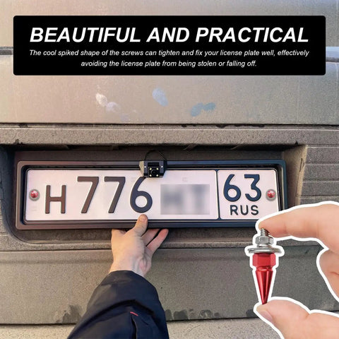 Kickass Anti Theft Spike License Plate Screws With Heavy Duty Aluminum Bolts for Cars, Trucks, and Motorcycles securing a license plate.