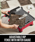 7 Inch Wet Tile Saw With HydroLock Water Containment System For No Mess Cuts, Sliding Side Extension For Up To 18 By 18 Inch Tiles, Durable Aluminum Table Top, And Adjustable Rip Fence With Miter Gauge in use on a tile project