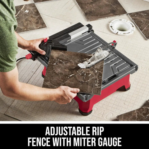 7 Inch Wet Tile Saw With HydroLock Water Containment System For No Mess Cuts, Sliding Side Extension For Up To 18 By 18 Inch Tiles, Durable Aluminum Table Top, And Adjustable Rip Fence With Miter Gauge in use on a tile project
