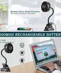 Clip On USB Mini Desk Fan With Emergency Power Bank Rechargeable Portable On The Go Personal Cooling Flexible Neck 3 Speed Battery Operated For Car Camping Office Dorm Beach Black, shown charging a phone with backup power bank feature.