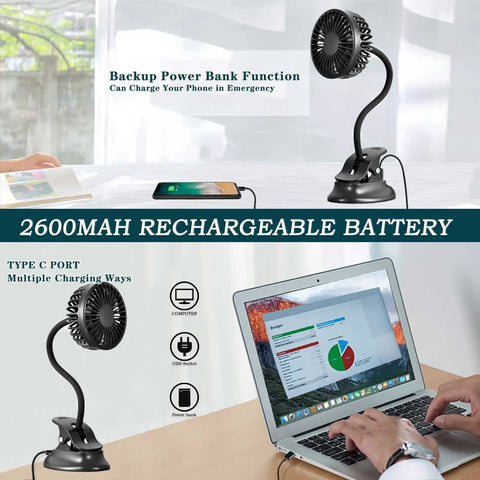 Clip On USB Mini Desk Fan With Emergency Power Bank Rechargeable Portable On The Go Personal Cooling Flexible Neck 3 Speed Battery Operated For Car Camping Office Dorm Beach Black, shown charging a phone with backup power bank feature.