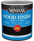 True Black Water Based Solid Color Wood Stain Dead Simple One Coat Formula in quart can, designed for easy application.