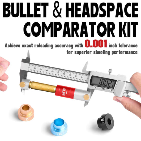 Bullet And Headspace Gauge Comparator Kit With Fourteen Inserts And Six Bushings And Anvil Base For Precise Seating Depth Measurement
