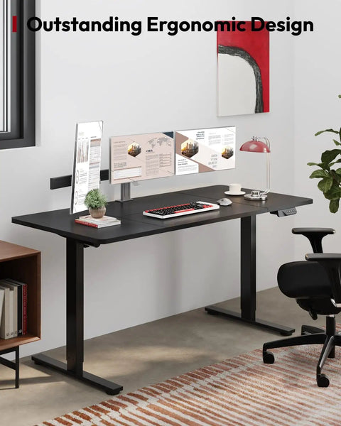 Heavy Duty Dual Motor Electric Standing Desk 71 By 32 with ergonomic design, dual monitors, and matte black finish in office setup.