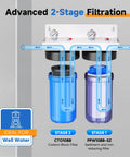 2-Stage Whole House Water Filtration System With 10 Inch Clear Housing, Cuts Sediment, Iron, Manganese And Chlorine, Taste And Odor, Ideal For Well Water, Includes Pressure Gauges And 1 Inch Inlet Outlet, Easy Install; 2-stage wall-mounted filter