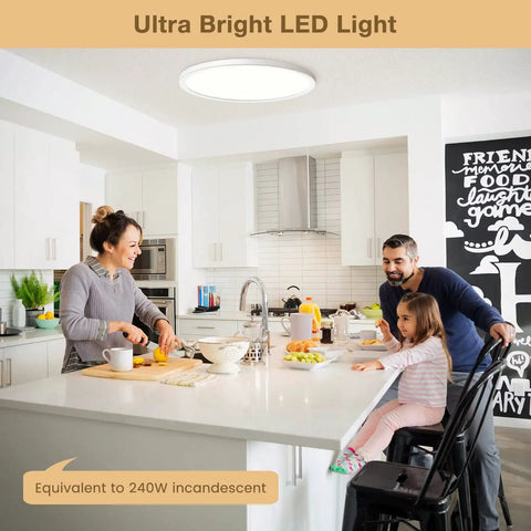 Ultra Slim 12 Inch LED Ceiling Light Panel Flush Mount in a kitchen with family dining and cooking