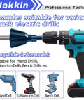 Side view of Hakkin deburring external chamfer tool attached to a blue cordless drill; tungsten carbide blade, hex shank, fits 1/8"–1" (3–25mm).