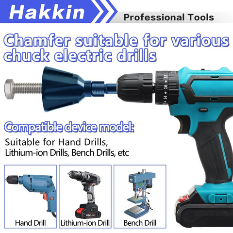 Side view of Hakkin deburring external chamfer tool attached to a blue cordless drill; tungsten carbide blade, hex shank, fits 1/8"–1" (3–25mm).