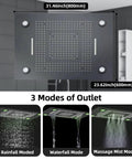 Sleek Matte Black Ceiling Rain Shower System With 24X32 Inch Led Spray Head, featuring three modes of outlet.