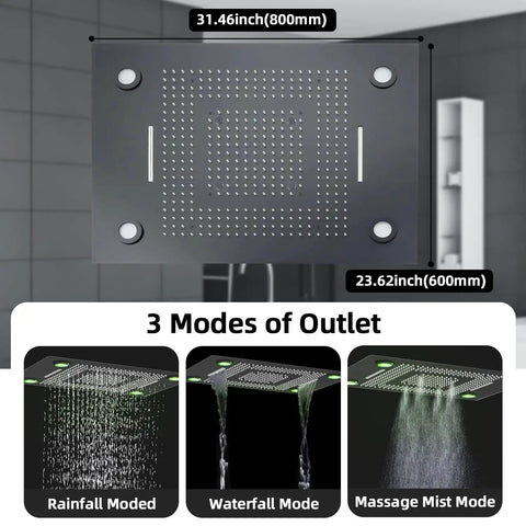Sleek Matte Black Ceiling Rain Shower System With 24X32 Inch Led Spray Head, featuring three modes of outlet.
