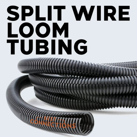 Close-up of black split wire loom tubing, featuring Three Pack Black Pro Grade Split Wire Loom Kit Convoluted Tubing One Quarter Inch.