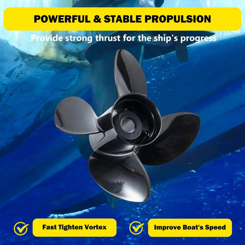 14.5 Inch Diameter 17 Pitch 4 Blade Aluminum Outboard Propeller For Mercury And MerCruiser Alpha Bravo One Drives 135-300HP Right Hand Rotation With Hub Kit Included showing underwater with boat