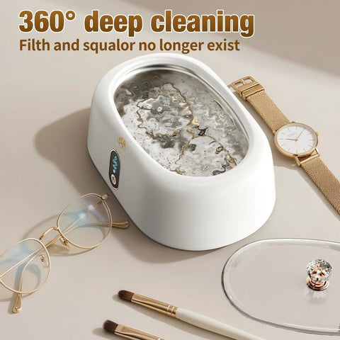 Deep Clean Master Ultrasonic Cleaner 45KHz 16oz stainless steel tank with watch and eyeglasses, showcasing cleaning power.