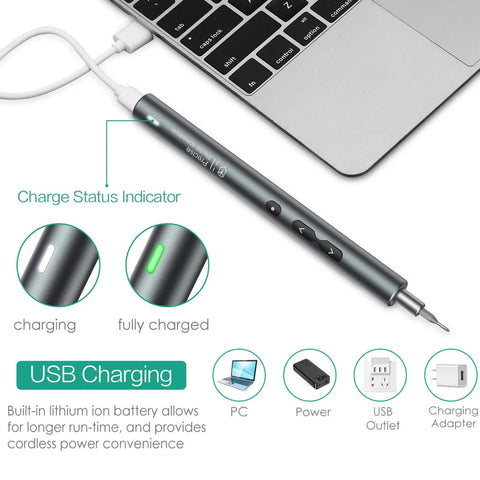 28 In 1 Cordless Electric Screwdriver Kit With 24 Bits, Type C Charging, USB charging status near laptop