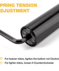 Close-up of spring tension adjustment on suspension bicycle seat post with coil spring for comfort fit 27.2mm 30.9mm 31.6mm diameters.