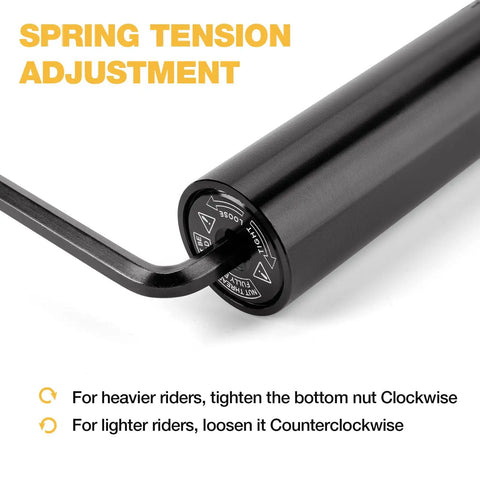 Close-up of spring tension adjustment on suspension bicycle seat post with coil spring for comfort fit 27.2mm 30.9mm 31.6mm diameters.