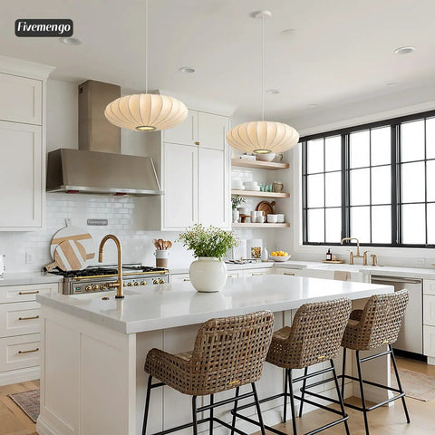 Upgrade Your Space with This Epic 20 Inch White Bubble Saucer Lantern Pendant Light Featuring Imitation Silk Shade and Sturdy Metal Frame for Modern Farmhouse Living Room Bedroom Decor Vibe Check Passed in a bright kitchen.
