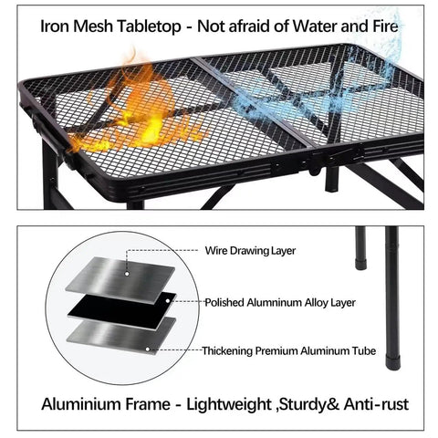 Portable Folding Table For Camping And BBQ, Lightweight Metal Side Table For Picnics And Patio shown with rust-resistant mesh top and aluminum frame.