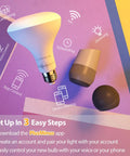 WiFi RGB LED Bulbs BR30 65W Equivalent Full Color Flood Light Bulbs With Alexa And Google Home Control E26 Dimmable 900 Lumens No Hub Needed Multicolor Mood Lighting 4 Pack displayed with smart devices