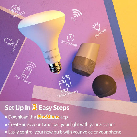 WiFi RGB LED Bulbs BR30 65W Equivalent Full Color Flood Light Bulbs With Alexa And Google Home Control E26 Dimmable 900 Lumens No Hub Needed Multicolor Mood Lighting 4 Pack displayed with smart devices