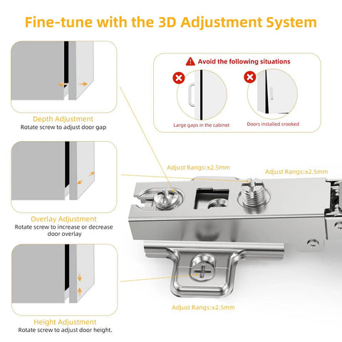 3D adjustment system for Two Pack Full Overlay Cabinet Hinges Frameless Self Closing Silent Soft Close Bracket with adjustment screws.